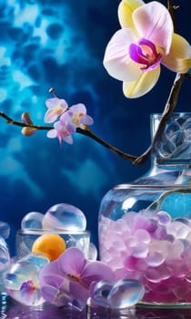 Stunning purple orchid with ice-filled glass, lemon, and vibrant spheres. Fresh and colorful composition ideal for floral, beverage, or wellness sectors