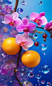 Stunning purple orchid with ice-filled glass, lemon, and vibrant spheres. Fresh and colorful composition ideal for floral, beverage, or wellness sectors