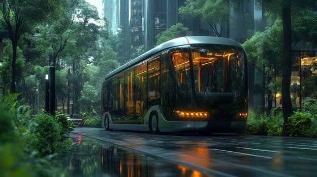 Sleek electric bus driving through a lush, eco-friendly urban area surrounded by greenery and futuristic glass buildings at twilight.