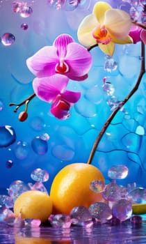 Stunning purple orchid with ice-filled glass, lemon, and vibrant spheres. Fresh and colorful composition ideal for floral, beverage, or wellness sectors