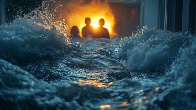 Dramatic scene of silhouettes illuminated by fire in the distance, surrounded by crashing floodwaters during a chaotic storm.