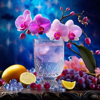 Stunning purple orchid with ice-filled glass, lemon, and vibrant spheres. Fresh and colorful composition ideal for floral, beverage, or wellness sectors