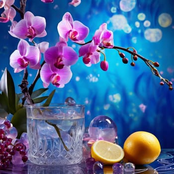 Stunning purple orchid with ice-filled glass, lemon, and vibrant spheres. Fresh and colorful composition ideal for floral, beverage, or wellness sectors