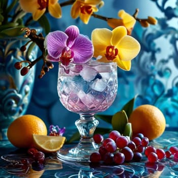 Stunning purple orchid with ice-filled glass, lemon, and vibrant spheres. Fresh and colorful composition ideal for floral, beverage, or wellness sectors