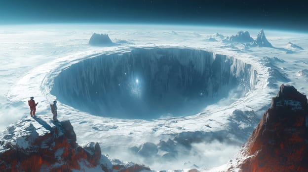 A human and robot gaze into a massive icy crater under a serene starry sky.