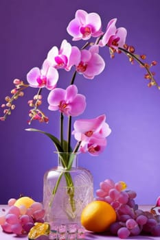Purple orchid, crystal glass, ice, lemon, and colorful spheres. Modern and fresh design perfect for vibrant, eye-catching promotions