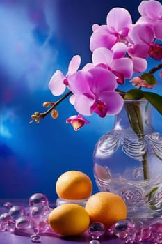 Purple orchid, crystal glass, ice, lemon, and colorful spheres. Modern and fresh design perfect for vibrant, eye-catching promotions