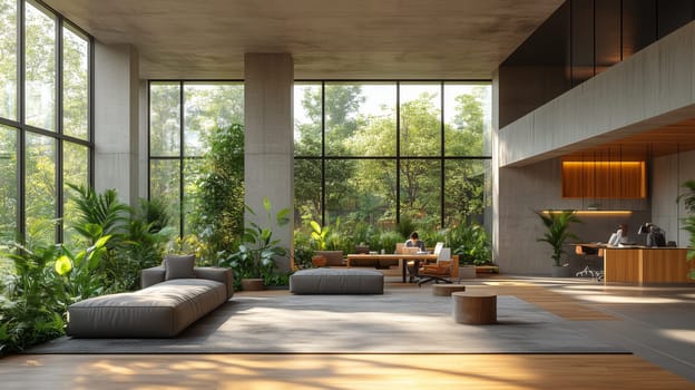 Spacious modern office with large windows, lush indoor plants, and natural light creating a relaxing and productive work environment.