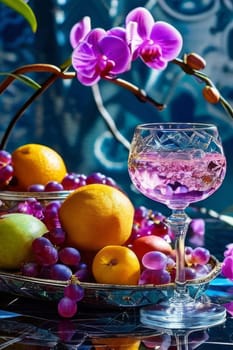 Purple orchid, crystal glass, ice, lemon, and colorful spheres. Modern and fresh design perfect for vibrant, eye-catching promotions
