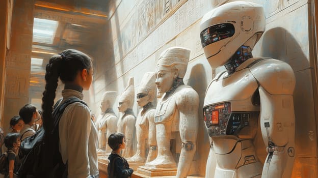 A group of children examining a mix of ancient Egyptian statues and a robot in a museum, symbolizing the blend of history and future technology.