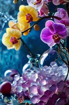 Purple orchid, crystal glass, ice, lemon, and colorful spheres. Modern and fresh design perfect for vibrant, eye-catching promotions