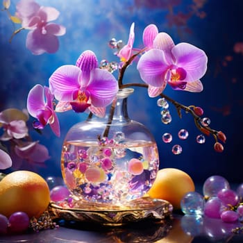 Purple orchid, crystal glass, ice, lemon, and colorful spheres. Modern and fresh design perfect for vibrant, eye-catching promotions