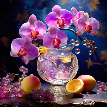 Purple orchid, crystal glass, ice, lemon, and colorful spheres. Modern and fresh design perfect for vibrant, eye-catching promotions