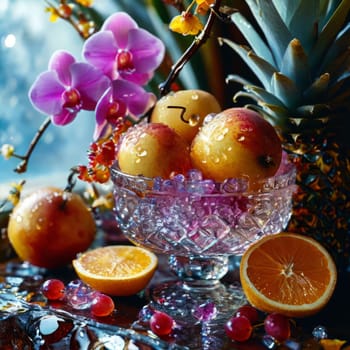 Purple orchid, crystal glass, ice, lemon, and colorful spheres. Modern and fresh design perfect for vibrant, eye-catching promotions