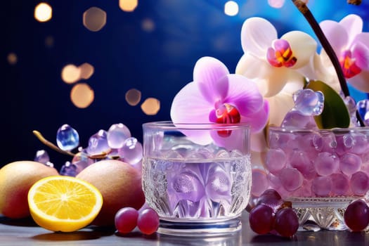 Elegant purple orchid with ice-filled glass, lemon, and vibrant spheres. Ideal for fresh, colorful compositions in beverage, wellness, or floral contexts