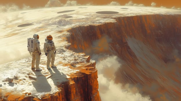 Two astronauts in white suits stand near the edge of a massive crater surrounded by rocky terrain and a surreal, misty alien atmosphere.