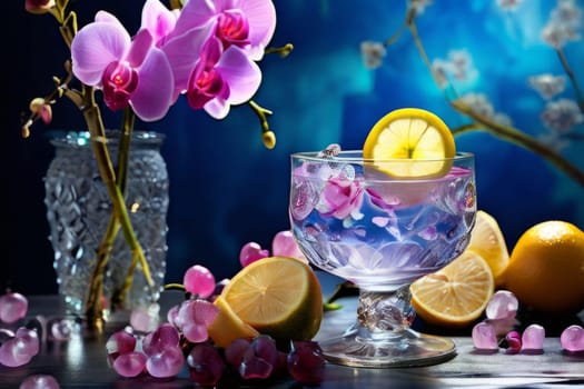 Elegant purple orchid with ice-filled glass, lemon, and vibrant spheres. Ideal for fresh, colorful compositions in beverage, wellness, or floral contexts
