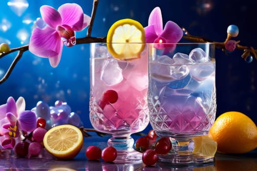 Elegant purple orchid with ice-filled glass, lemon, and vibrant spheres. Ideal for fresh, colorful compositions in beverage, wellness, or floral contexts