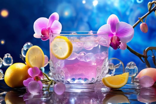 Elegant purple orchid with ice-filled glass, lemon, and vibrant spheres. Ideal for fresh, colorful compositions in beverage, wellness, or floral contexts
