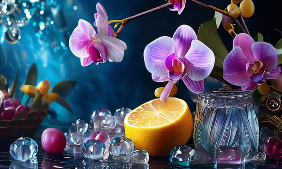 Elegant purple orchid with ice-filled glass, lemon, and vibrant spheres. Ideal for fresh, colorful compositions in beverage, wellness, or floral contexts