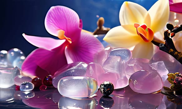 Elegant purple orchid with ice-filled glass, lemon, and vibrant spheres. Ideal for fresh, colorful compositions in beverage, wellness, or floral contexts