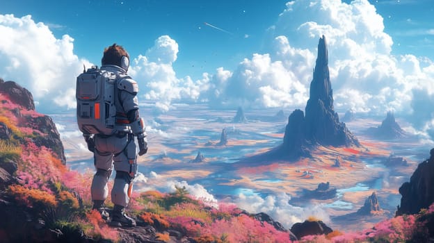 An astronaut stands on a vibrant alien landscape covered in flowers, overlooking plains with towering rock spires and serene lakes under a bright sky.