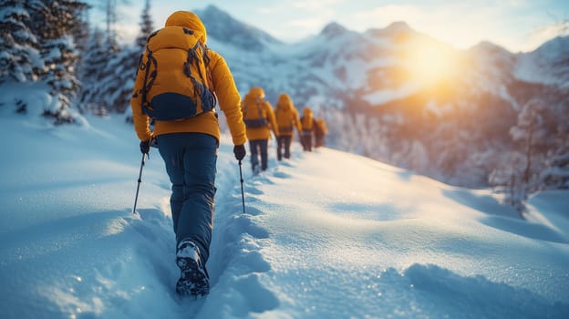 A group of hikers wearing bright jackets and backpacks trekking through a snowy mountain trail during sunrise. The image captures the concept of teamwork, adventure, and winter exploration in a serene mountainous environment.