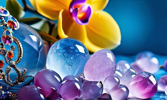 Elegant purple orchid with ice-filled glass, lemon, and vibrant spheres. Ideal for fresh, colorful compositions in beverage, wellness, or floral contexts