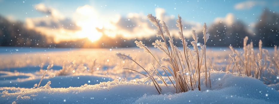 A detailed image of frosted grass blades in a snowy field, sparkling under golden sunlight. The scene captures the delicate beauty of winter nature.