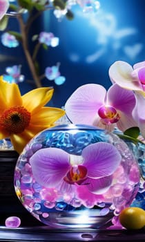 Beautiful purple orchid, ice-filled glass, lemon, and colorful spheres. Bright, modern aesthetic perfect for floral, wellness, or beverage themes