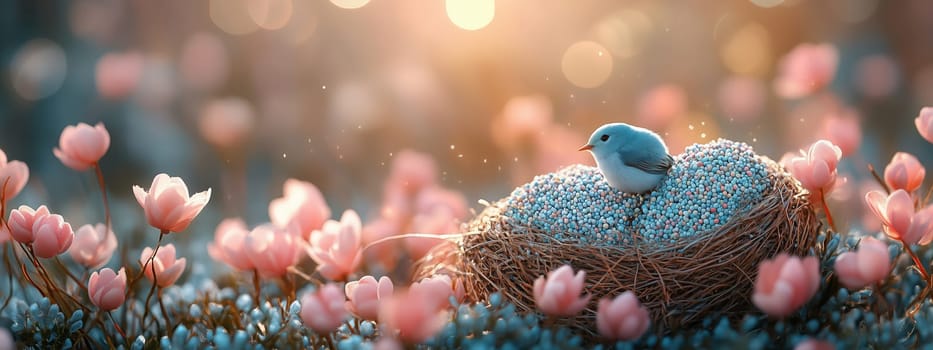 A serene scene of a delicate bird perched on a nest surrounded by blooming pink flowers under soft golden sunlight. Concept of Easter