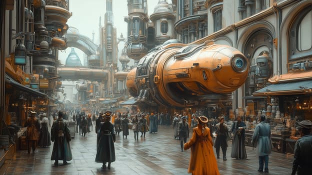 A lively steampunk city street featuring a gigantic airship, intricate industrial architecture, and people in period-inspired clothing.