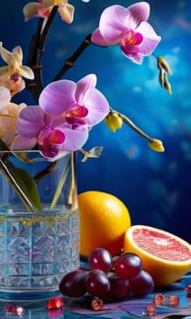Beautiful purple orchid, ice-filled glass, lemon, and colorful spheres. Bright, modern aesthetic perfect for floral, wellness, or beverage themes