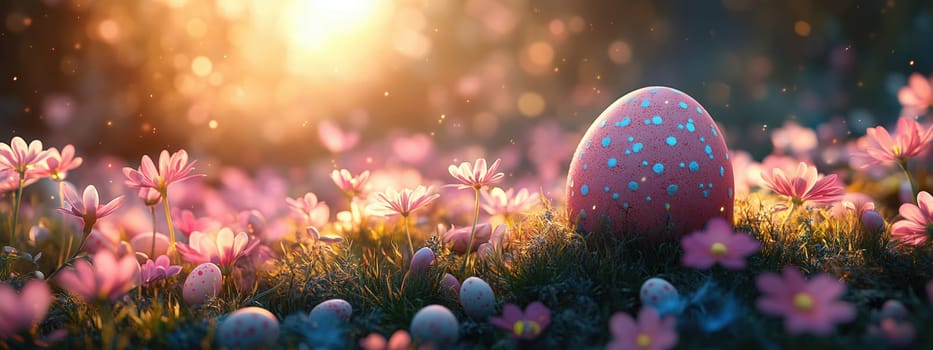 A beautifully decorated Easter egg nestled in a field of daisies under the warm glow of sunset, symbolizing Easter celebration.