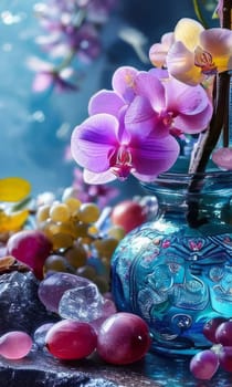 Beautiful purple orchid, ice-filled glass, lemon, and colorful spheres. Bright, modern aesthetic perfect for floral, wellness, or beverage themes