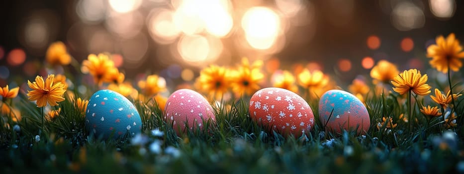 Vibrant Easter eggs resting in a meadow of yellow flowers during golden hour, celebrating spring and Easter traditions.