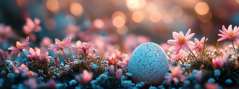A single Easter egg in a bed of pink flowers surrounded by soft bokeh and natural light, symbolizing Easter joy.