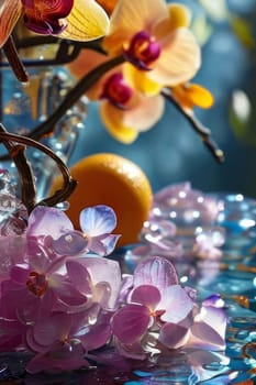 Beautiful purple orchid, ice-filled glass, lemon, and colorful spheres. Bright, modern aesthetic perfect for floral, wellness, or beverage themes