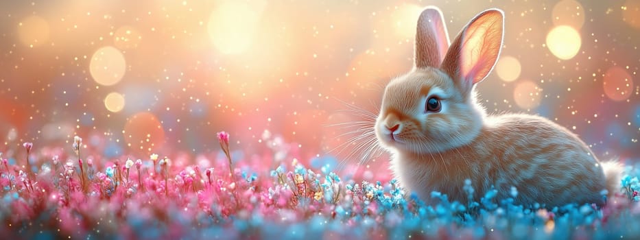 A cute bunny sitting in a field of vibrant spring flowers, illuminated by soft pastel light, celebrating Easter spirit.