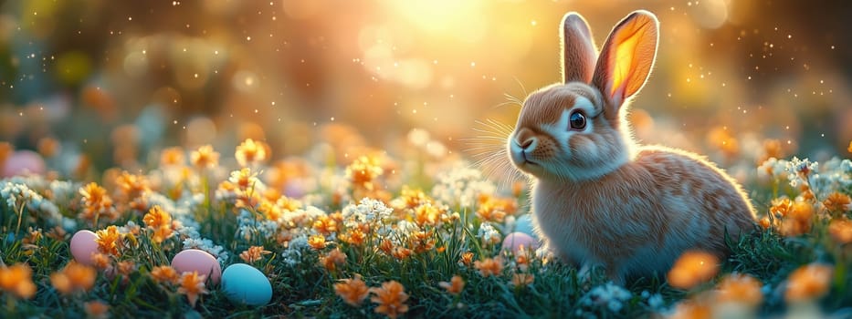 A cute rabbit sitting amidst a vibrant field of flowers with Easter eggs scattered around, glowing under a golden sunset.