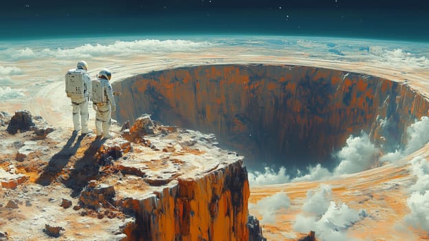 Two astronauts in spacesuits stand near the edge of a colossal alien crater, surrounded by rocky terrain and a surreal atmospheric horizon.
