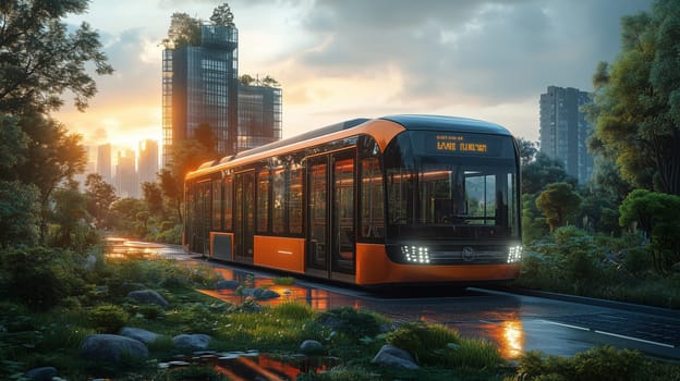 Sleek electric bus traveling through a green urban environment, surrounded by nature, modern buildings, and sunrise reflections.