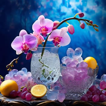 Vibrant composition featuring purple orchid, glass with ice cubes, yellow lemon, colorful spheres. Modern, fresh aesthetic ideal for beverage, wellness, floral themes. Bright, enticing colors
