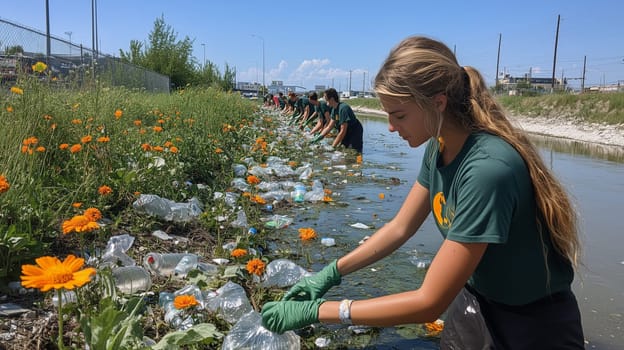 A group of volunteers cleaning up trash along a riverbank filled with orange flowers, promoting environmental conservation and sustainability.