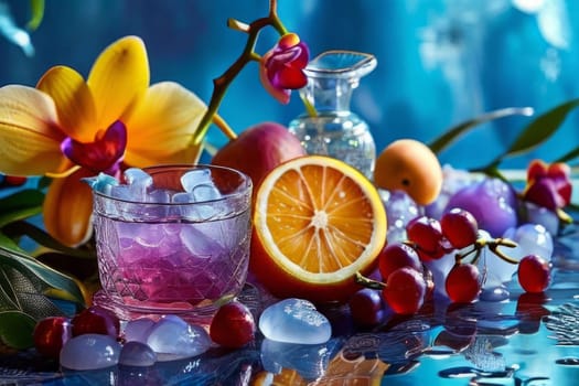 Vibrant composition featuring purple orchid, glass with ice cubes, yellow lemon, colorful spheres. Modern, fresh aesthetic ideal for beverage, wellness, floral themes. Bright, enticing colors