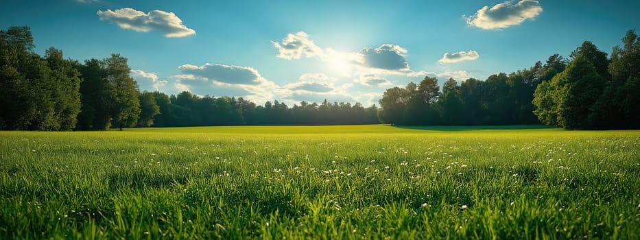 A wide green meadow under a sunny spring sky, surrounded by a peaceful forest and soft clouds.