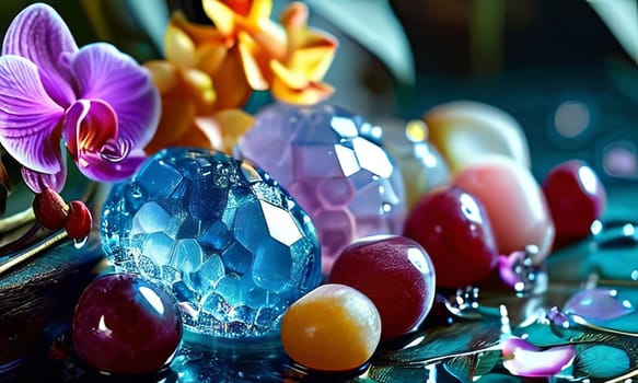 Vibrant composition featuring purple orchid, glass with ice cubes, yellow lemon, colorful spheres. Modern, fresh aesthetic ideal for beverage, wellness, floral themes. Bright, enticing colors