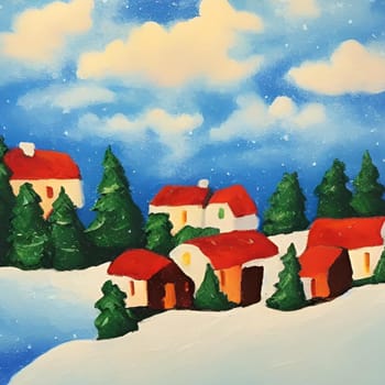 new year background landscape houses snow, christmas trees village srt landscape winter, watercolor. High quality illustration