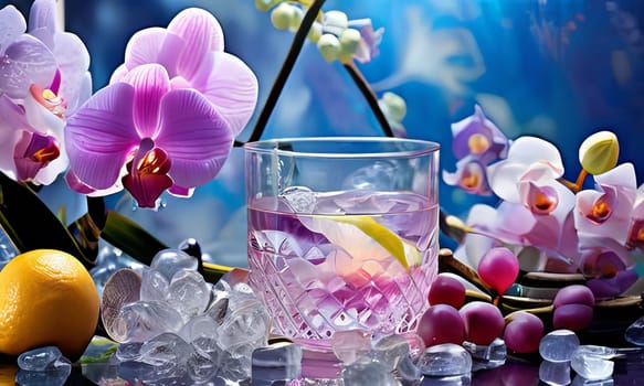 Vibrant composition featuring purple orchid, glass with ice cubes, yellow lemon, colorful spheres. Modern, fresh aesthetic ideal for beverage, wellness, floral themes. Bright, enticing colors