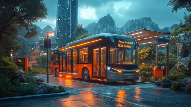 Modern electric bus glowing at night near a solar charging station, surrounded by greenery and futuristic buildings with mountain backdrop.